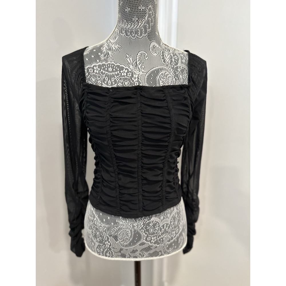 Jolie & Joy Gothic Grunge Ruched Mesh Sleeve Cropped Blouse Sz:L Black Mesh